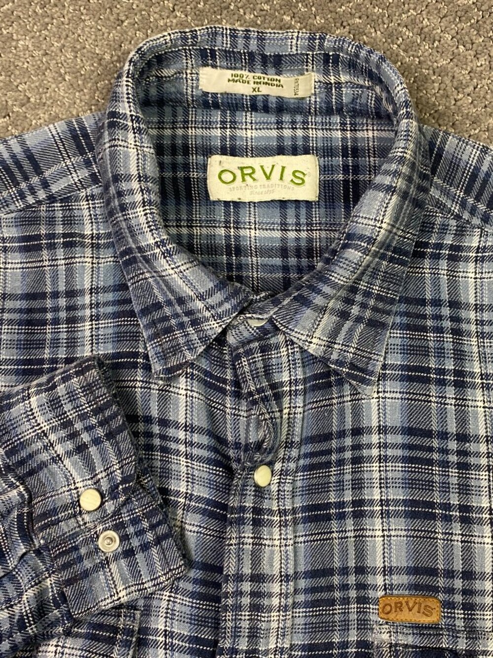 Orvis Pearl Snap Flannel Shirt Mens XL Blue Plaid Check Western Cotton